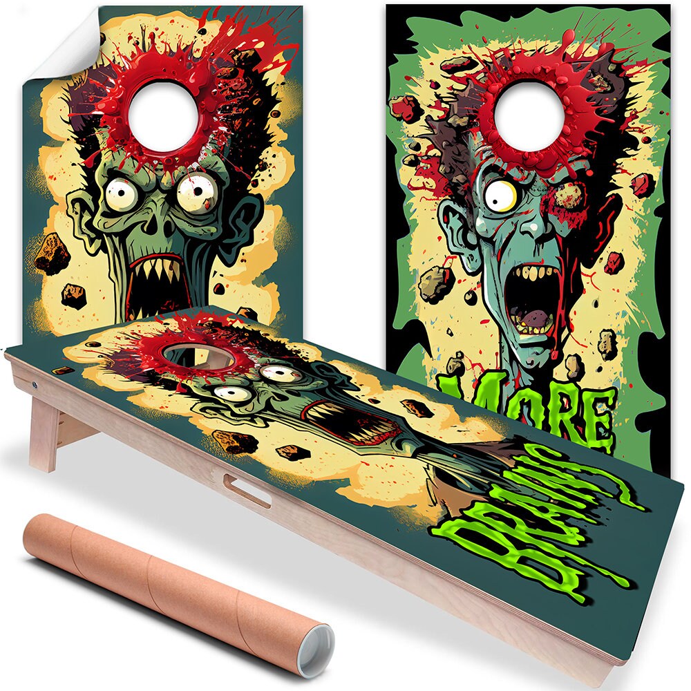 Set of two Zombie Headshot themed vinyl cornhole board wraps with vibrant green and red graphics.