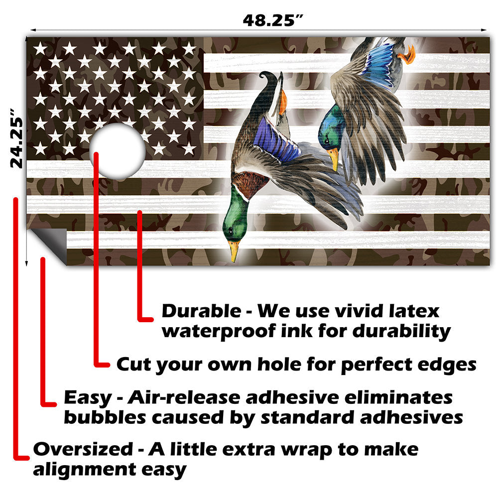 American Camo Flag Duck Flying - Cornhole Board Wrap - Set of 2