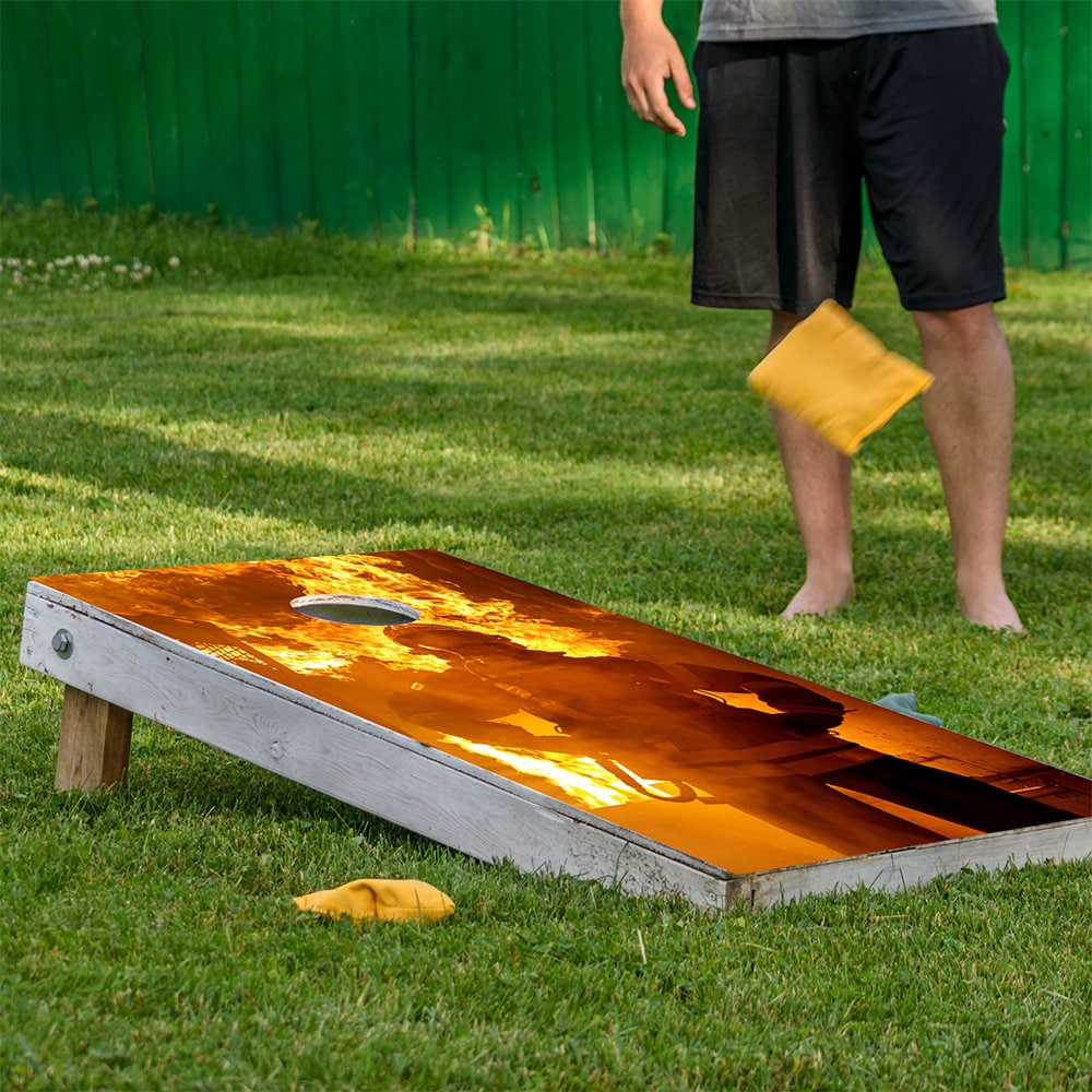 Fire Hero and Flames - Cornhole Board Wrap - Set of 2