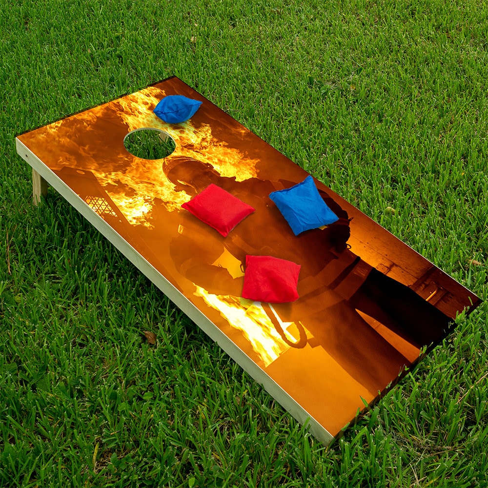 Fire Hero and Flames - Cornhole Board Wrap - Set of 2