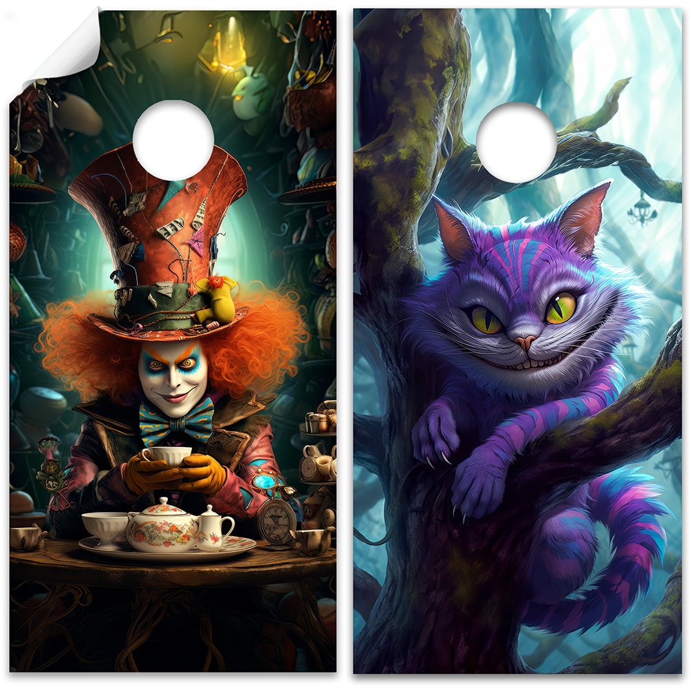 Mad Hatter Cheshire Cat - Cornhole Board Wrap - Set of 2