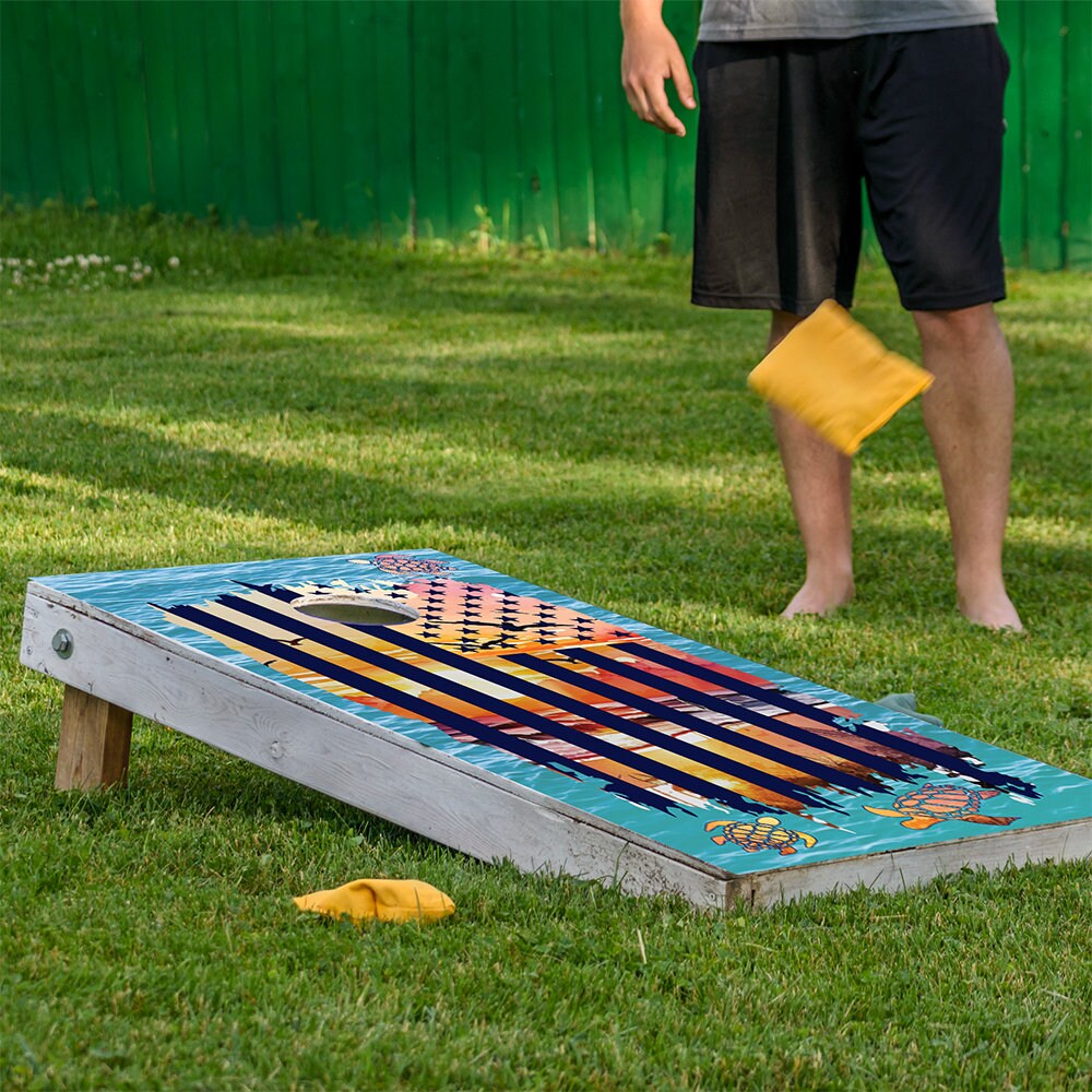 Sunset Sea Turtle and American Flag - Cornhole Board Wrap - Set of 2