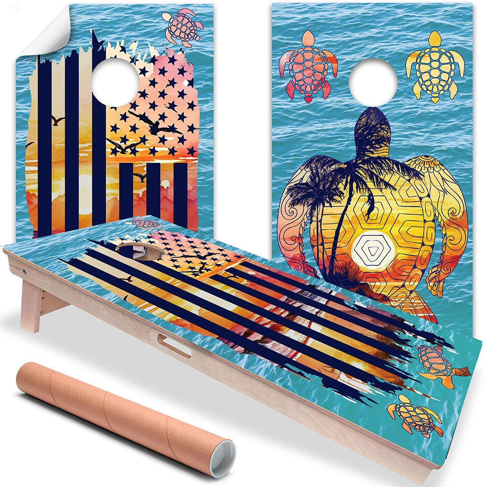Sunset Sea Turtle and American Flag - Cornhole Board Wrap - Set of 2