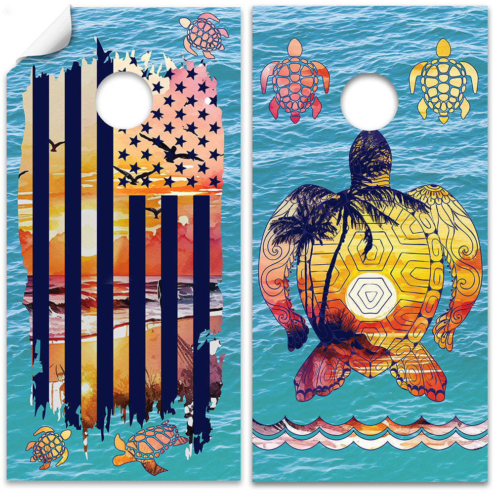 Sunset Sea Turtle and American Flag - Cornhole Board Wrap - Set of 2