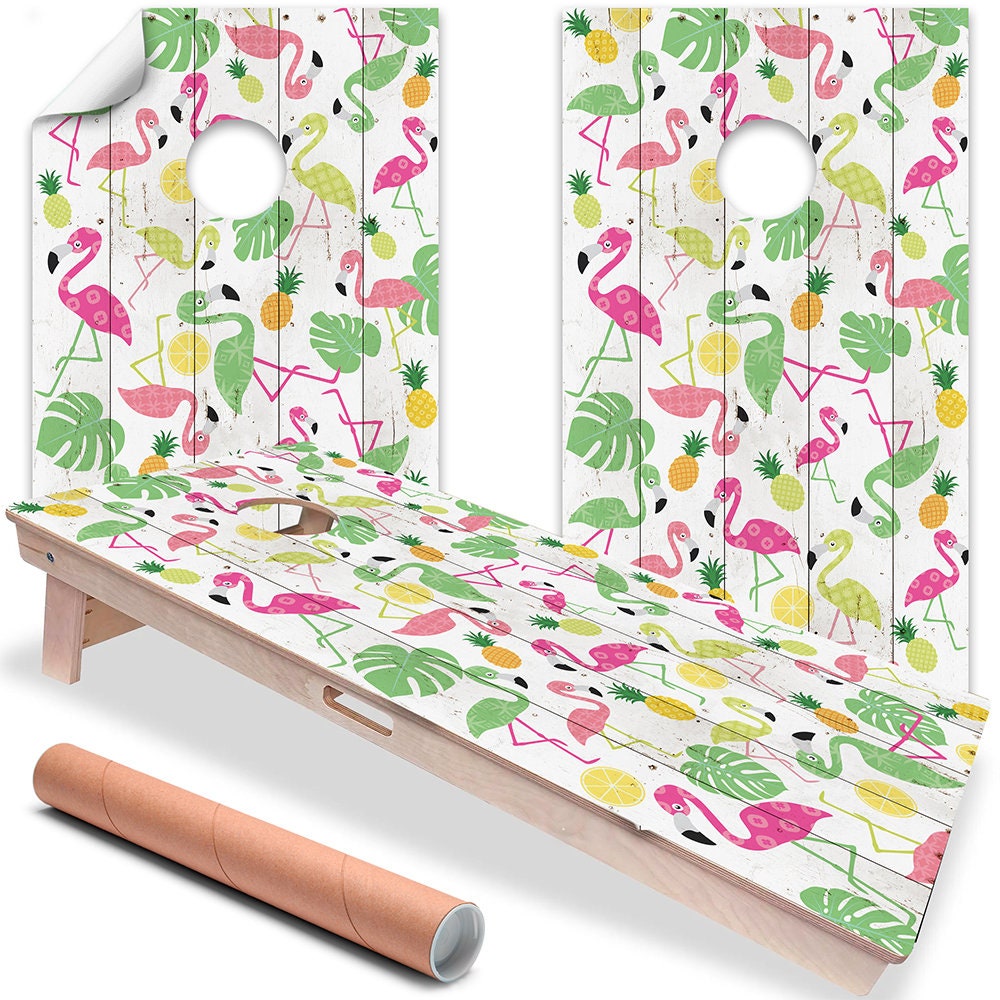 Flamingo Wood Background - Cornhole Board Wrap - Set of 2
