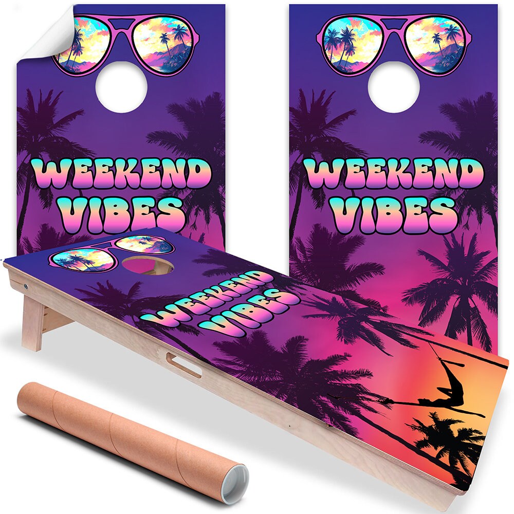 Sunset Palms Weekend Vibes - Cornhole Board Wrap - Set of 2