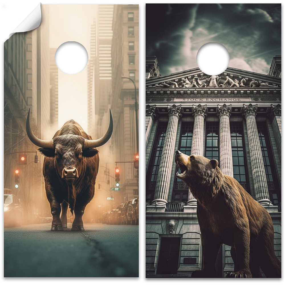 Wall Street Bear and Bull - Cornhole Board Wrap - Set of 2