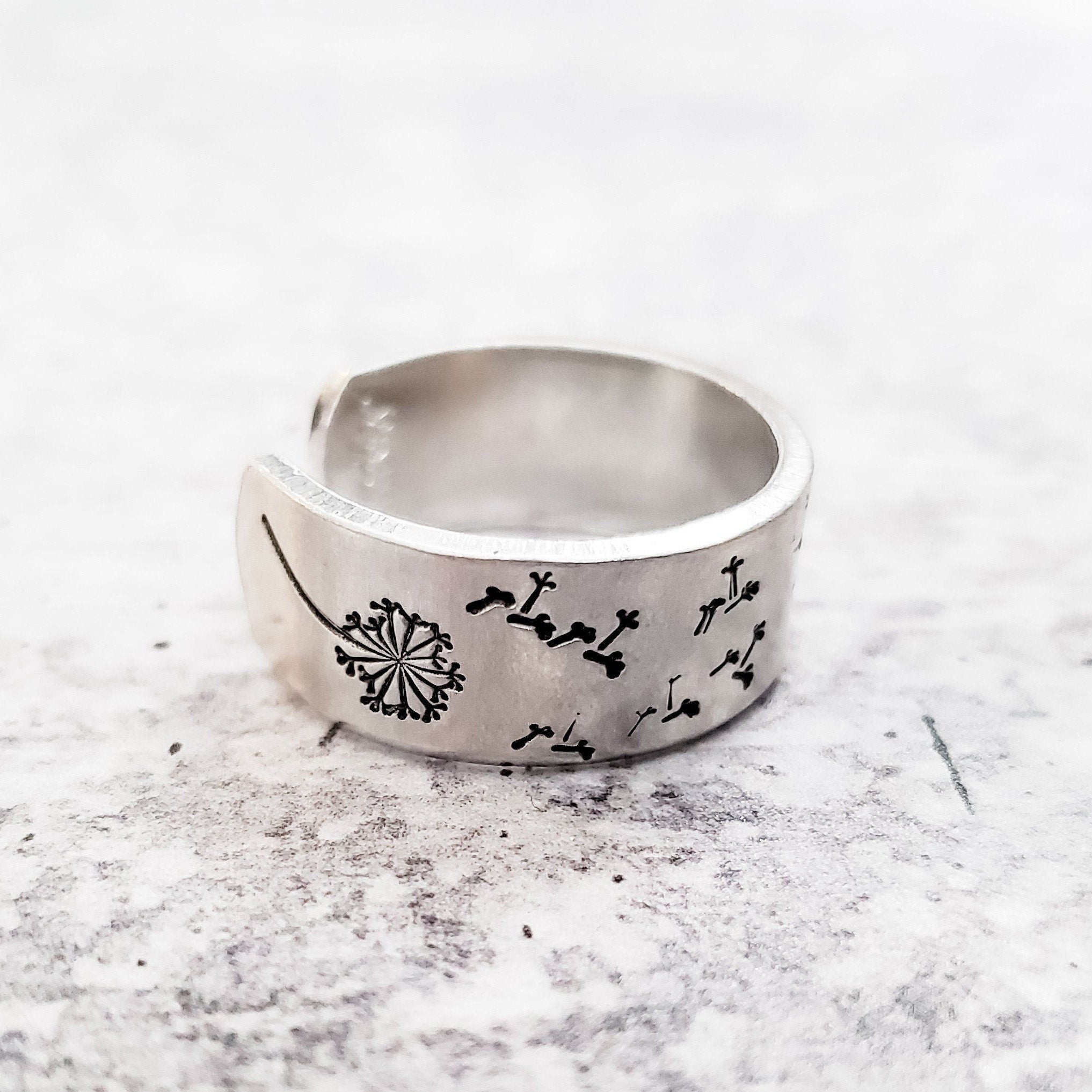 Dandelion Wish Ring – Hand Stamped Sterling Silver Open Band