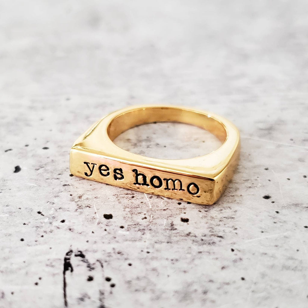 Yes Homo Hand Stamped Gold or Silver Tone Pride Ring - Image 3