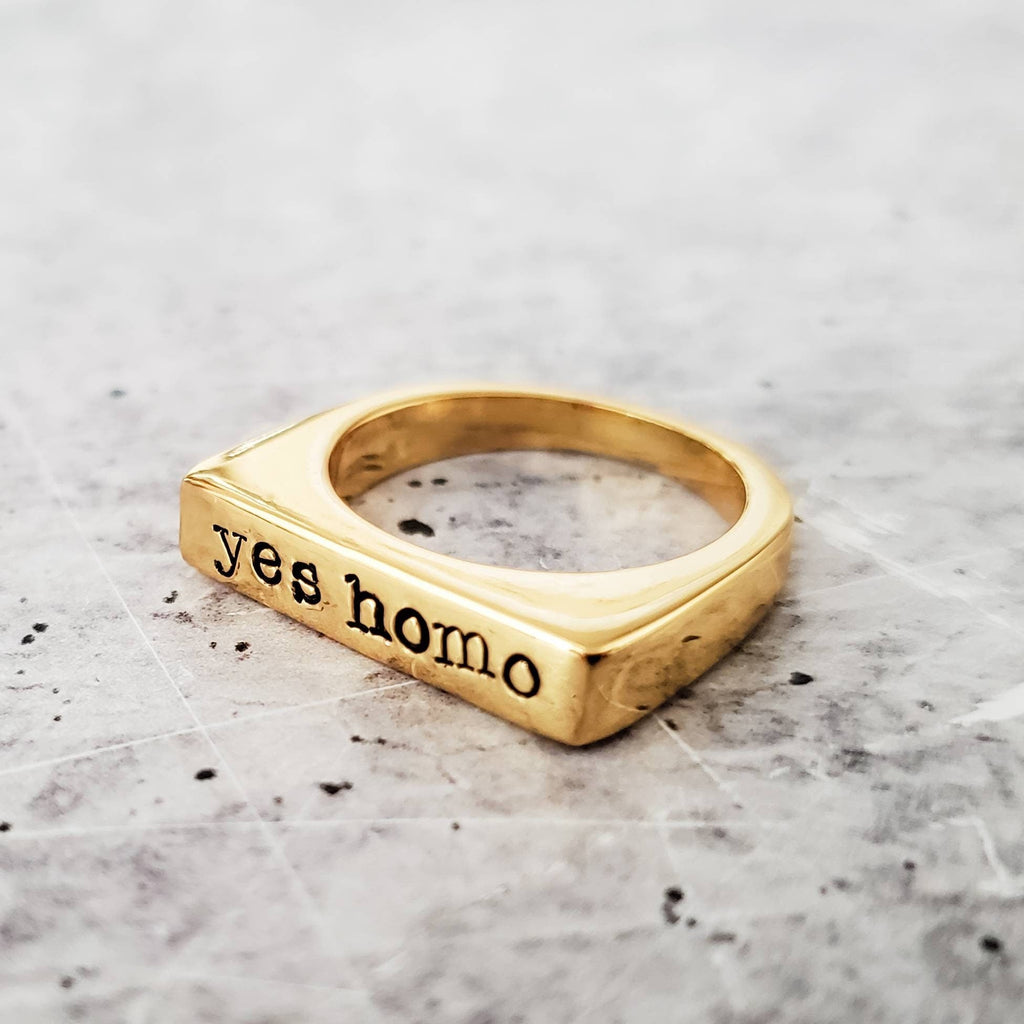 Yes Homo Hand Stamped Gold or Silver Tone Pride Ring - Image 2