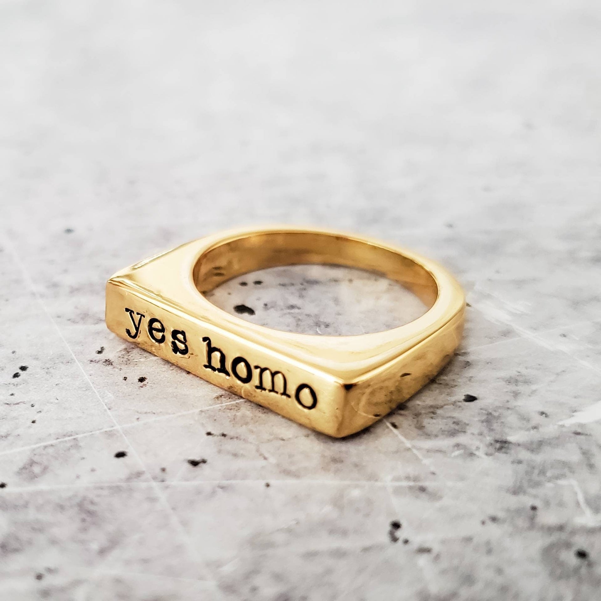 Yes Homo Hand Stamped Gold or Silver Tone Pride Ring - Image 2