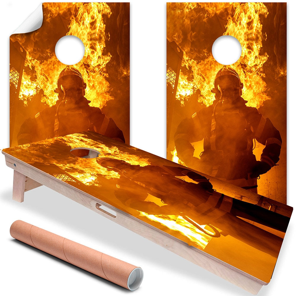 Fire Hero and Flames - Cornhole Board Wrap - Set of 2