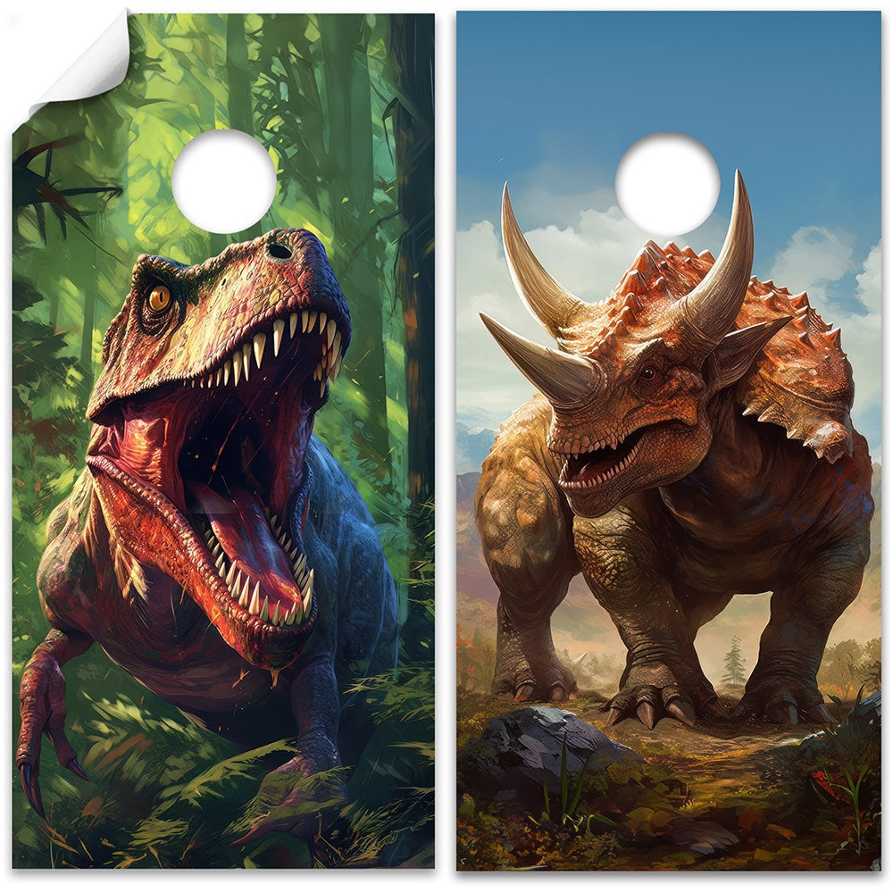T-Rex and Triceratops - Cornhole Board Wrap - Set of 2