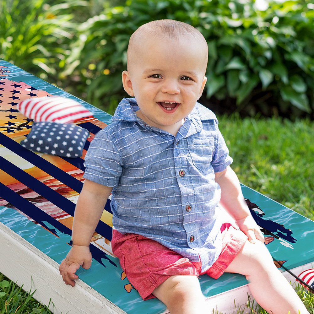 Sunset Sea Turtle and American Flag - Cornhole Board Wrap - Set of 2