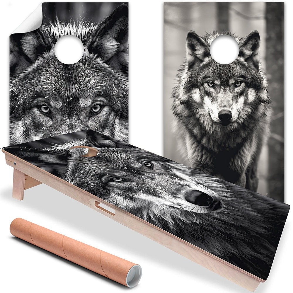 Black and White Wolves Portrait - Cornhole Board Wrap - Set of 2