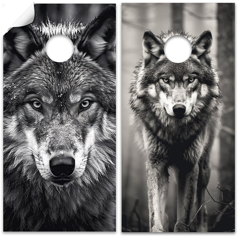 Black and White Wolves Portrait - Cornhole Board Wrap - Set of 2