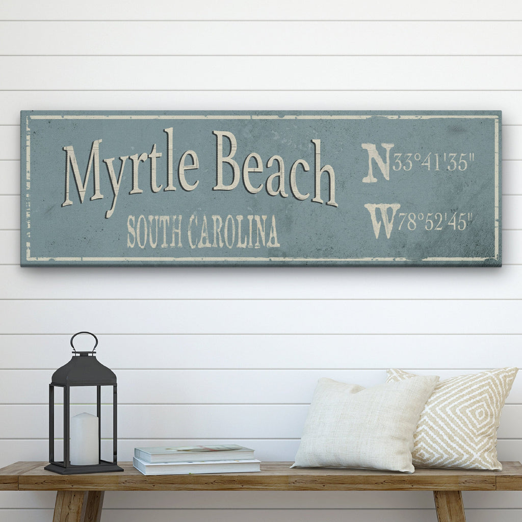 Rustic custom city and town wall sign on canvas with GPS coordinates
