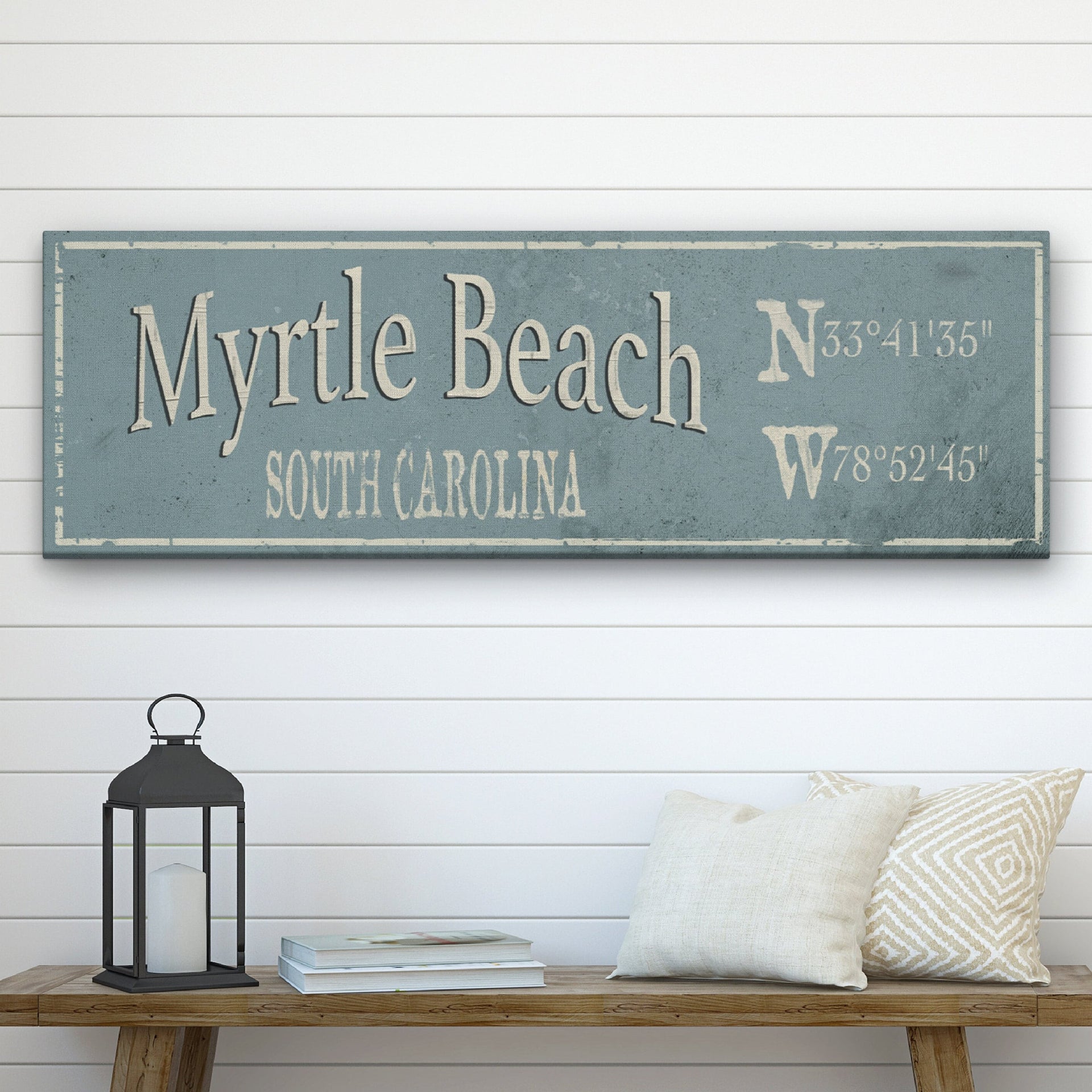 Rustic custom city and town wall sign on canvas with GPS coordinates