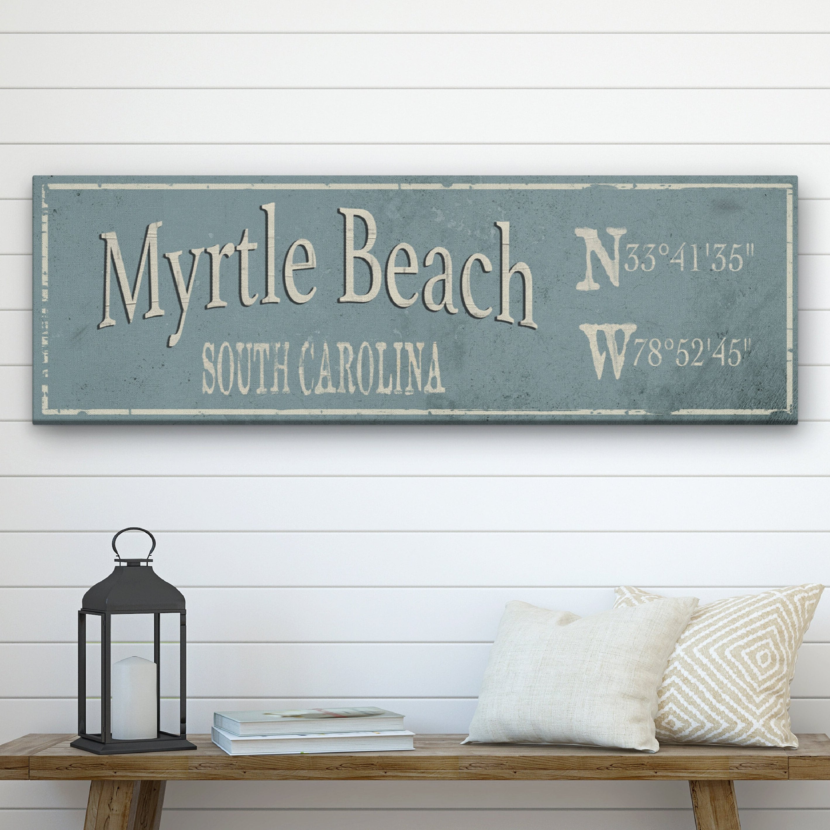 Rustic custom city and town wall sign on canvas with GPS coordinates