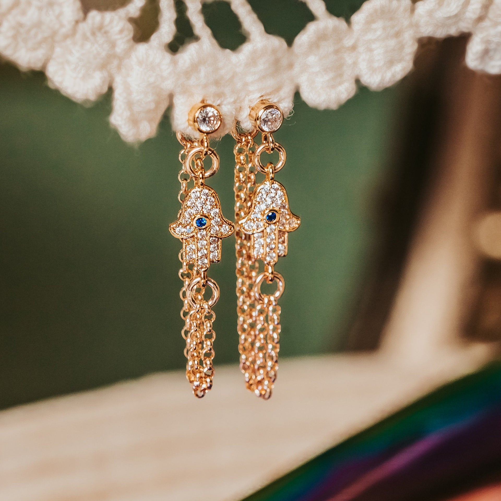 Gold or Silver Hamsa Dangle Stud Earrings