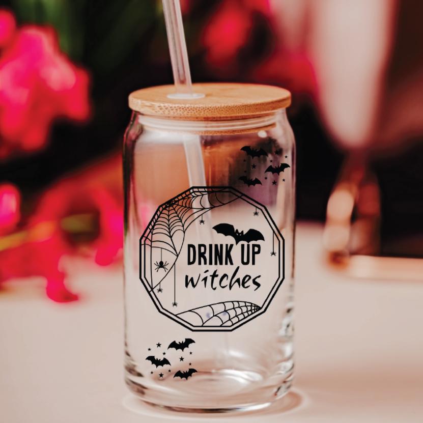 Drink Up Witches Halloween Glass Can Cup