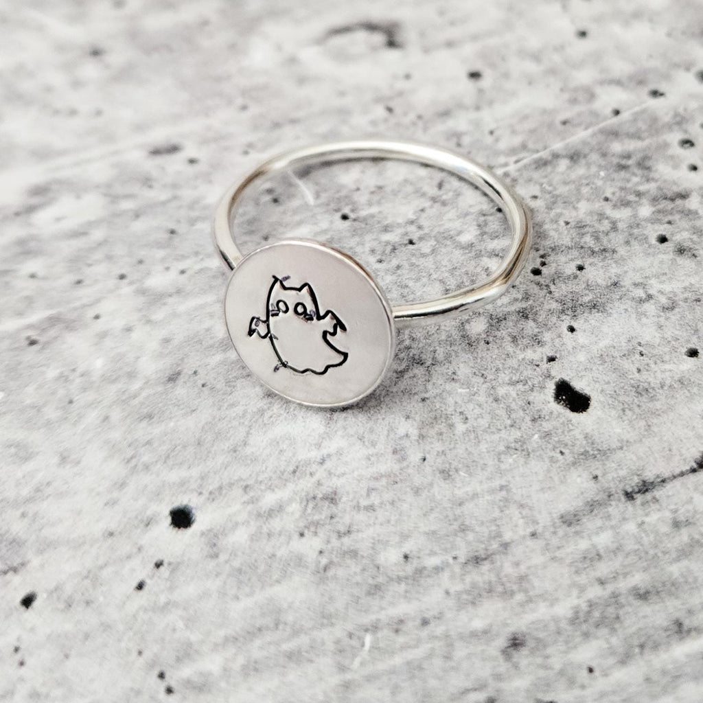 Halloween Ghost Cat Ring: Sterling Silver or Gold-Filled