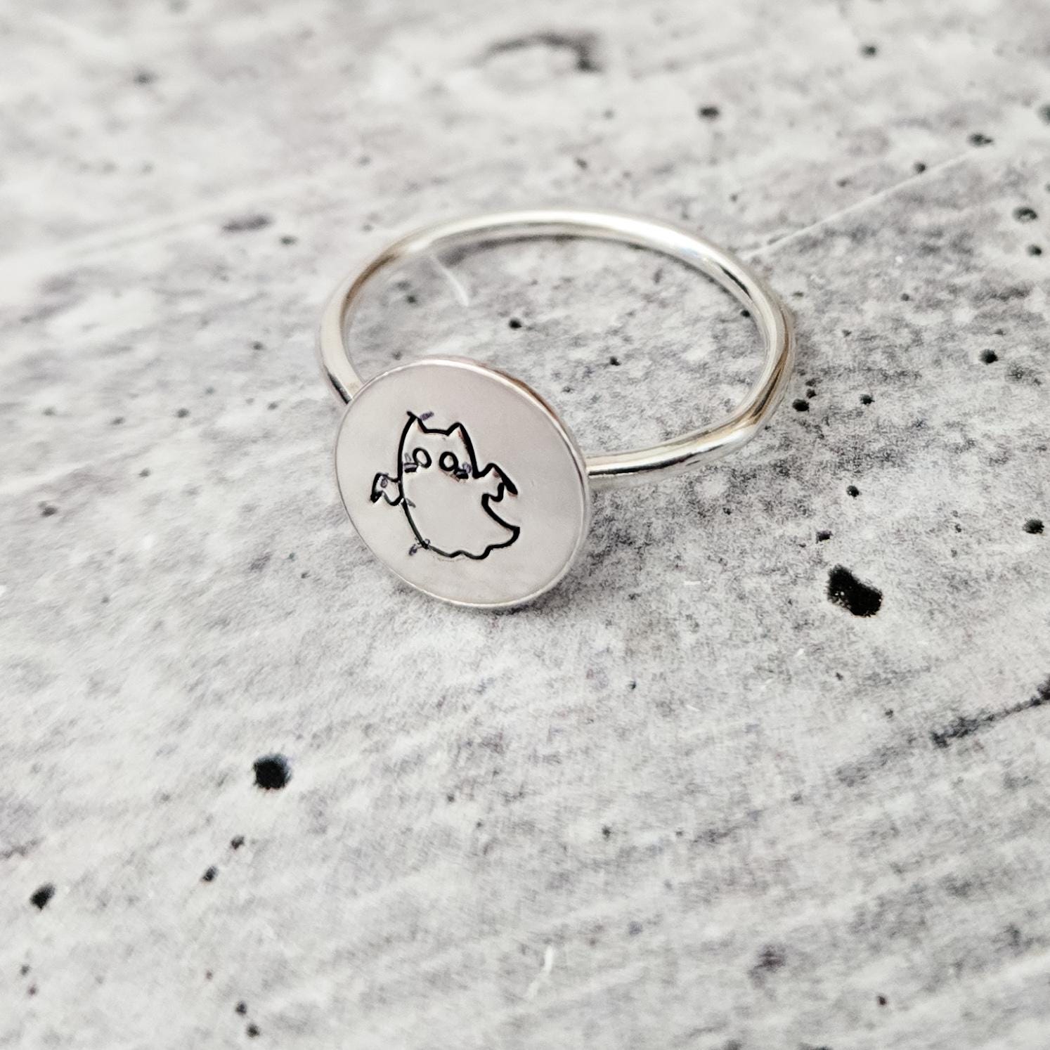 Halloween Ghost Cat Ring: Sterling Silver or Gold-Filled