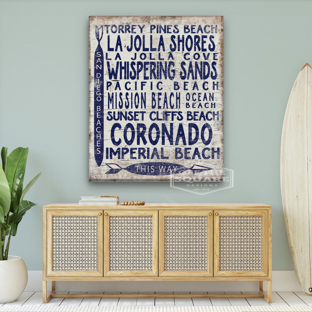 San Diego Beaches Wooden Arrow Sign, Coastal Vintage Wall Art