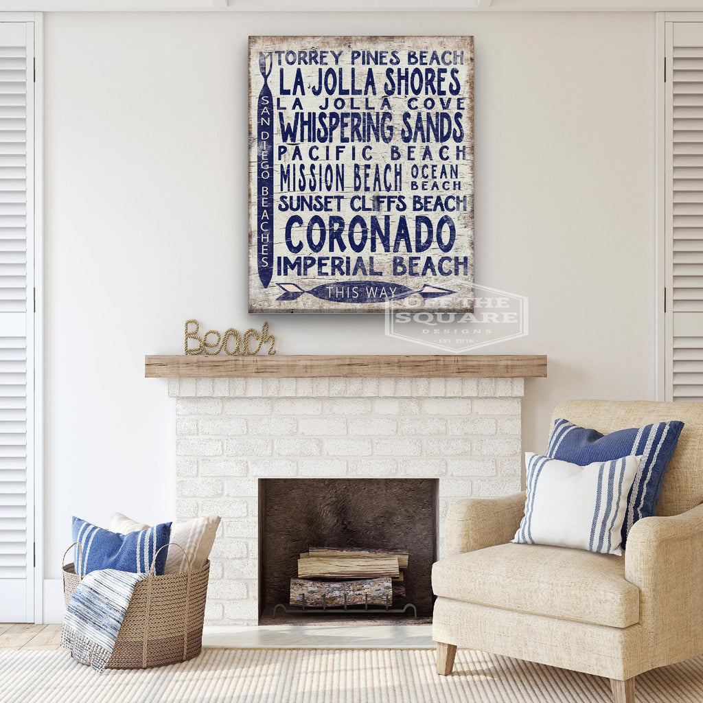 San Diego Beaches Wooden Arrow Sign, Coastal Vintage Wall Art