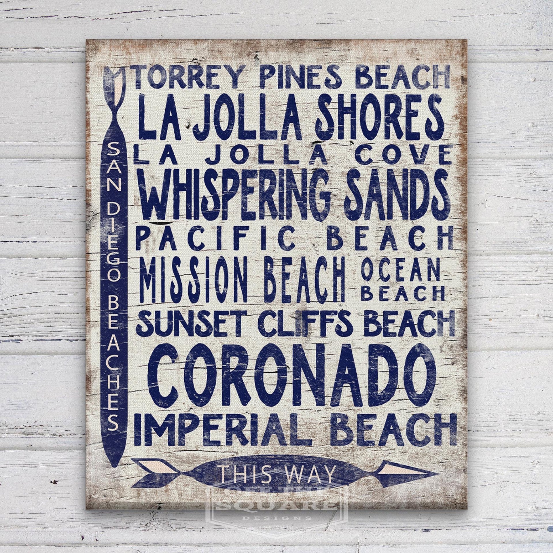 San Diego Beaches Wooden Arrow Sign, Coastal Vintage Wall Art