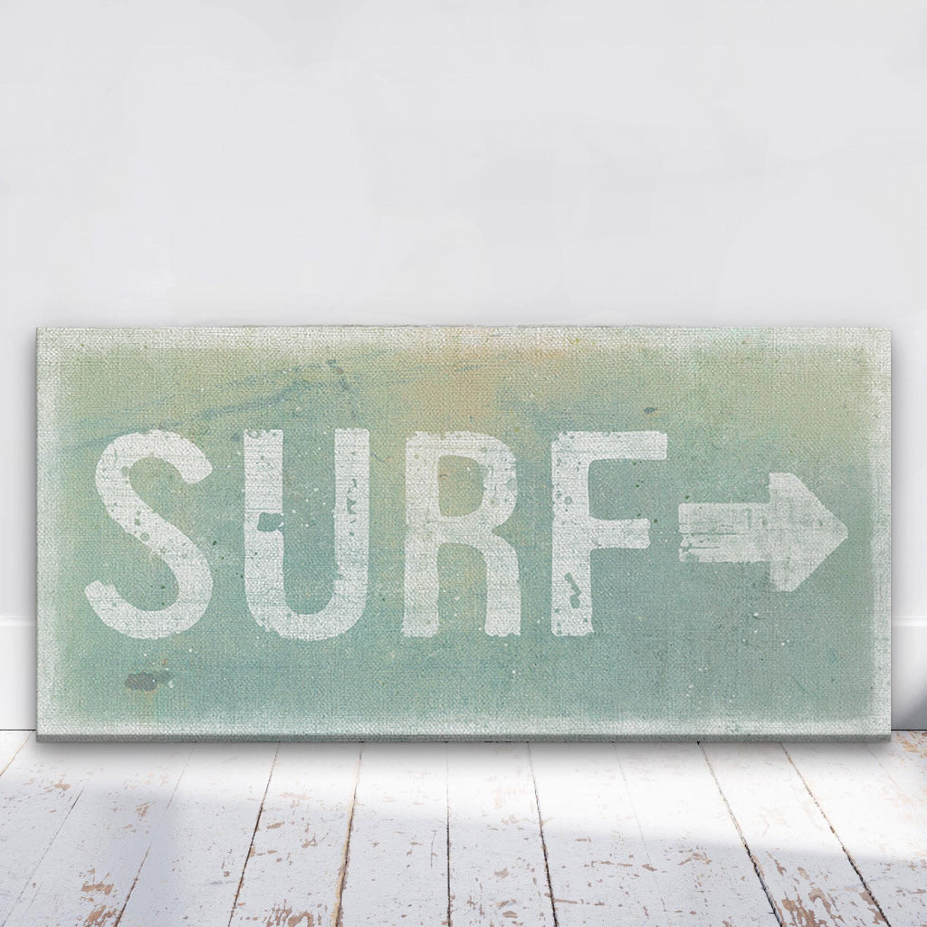 Distressed surf shack canvas sign in teal, white, and coral coastal colors.