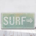 Distressed surf shack canvas sign in teal, white, and coral coastal colors.