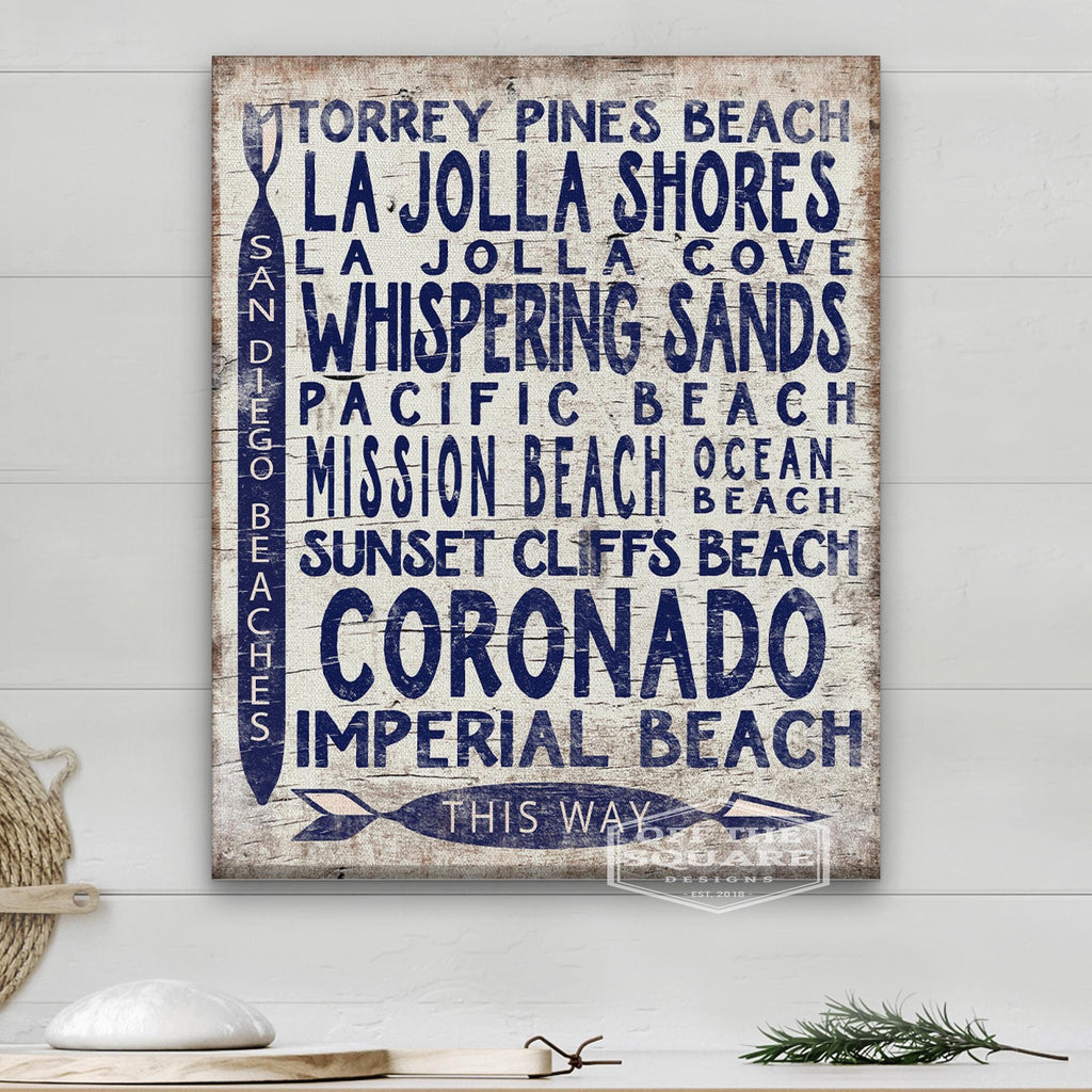 San Diego Beaches Wooden Arrow Sign, Coastal Vintage Wall Art