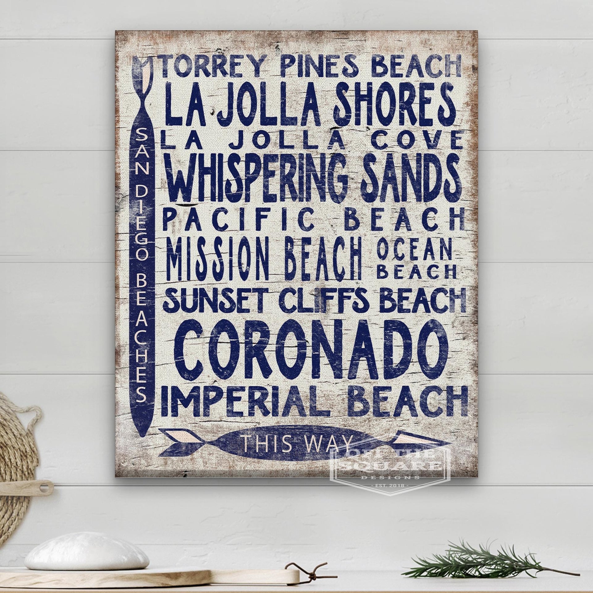 San Diego Beaches Wooden Arrow Sign, Coastal Vintage Wall Art