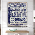 Vintage wood-look San Diego Beaches arrow sign with white-wash background and navy blue text