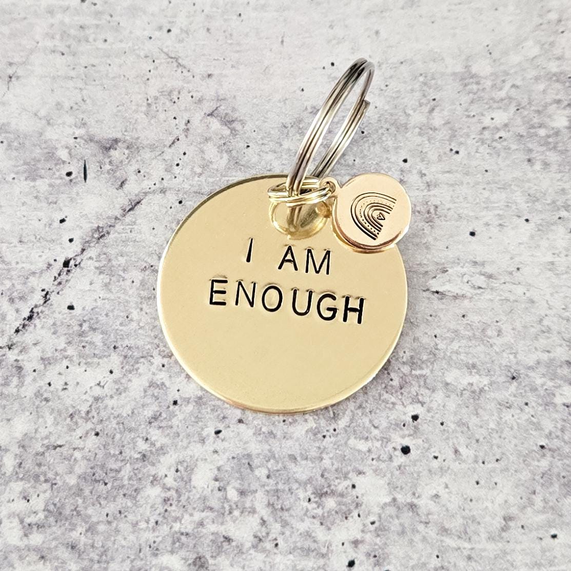 I AM ENOUGH Brass Keychain with Rainbow Emoji