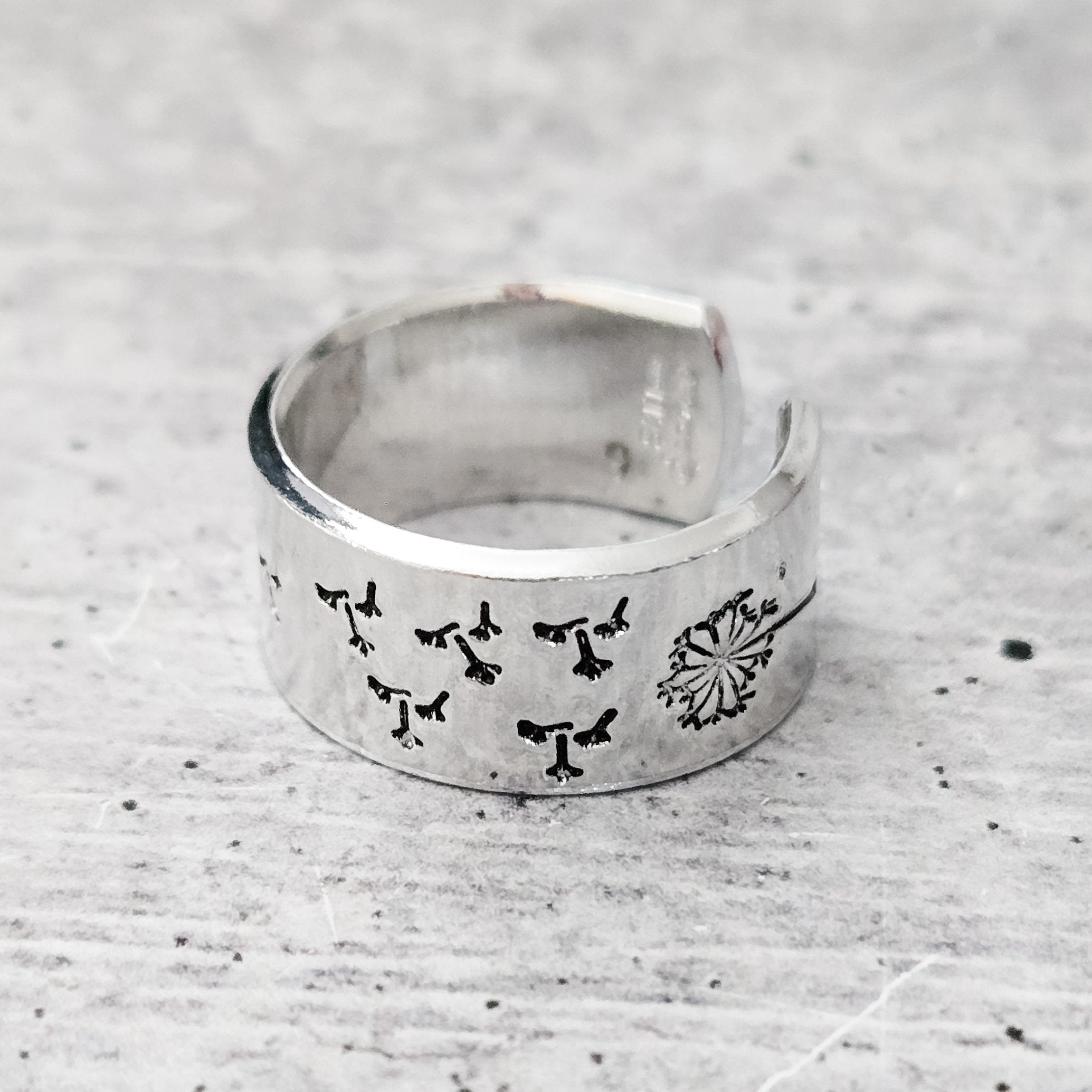 Dandelion Wish Ring – Hand Stamped Sterling Silver Open Band