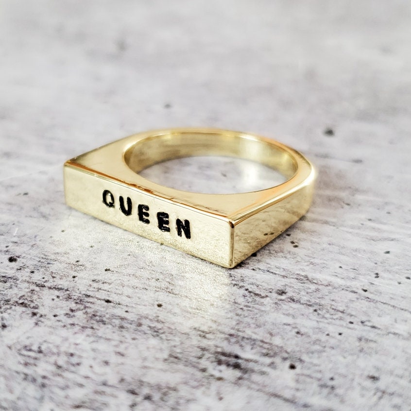 QUEEN  Flat Top Band Ring: Gold Plated, Vermeil or Sterling Silver