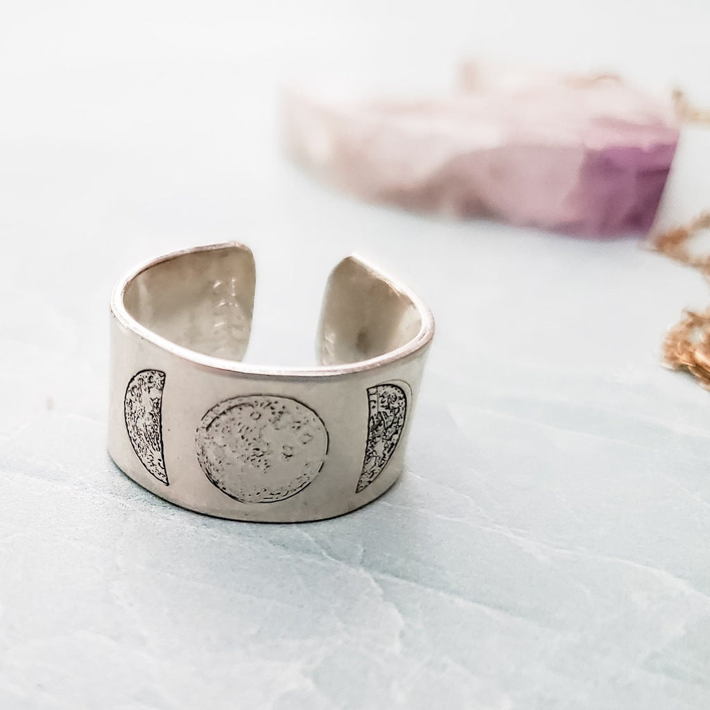 Moon Phases Sterling Silver or 14k Gold Filled Wide Open Back Ring