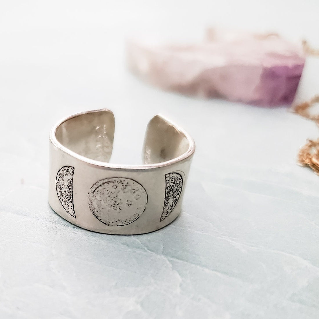Moon Phases Sterling Silver or 14k Gold Filled Wide Open Back Ring