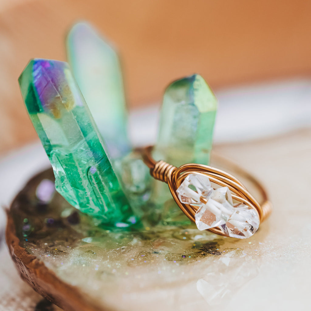 Herkimer Diamond Trio Ring – Hand Wrapped Quartz Crystal Ring
