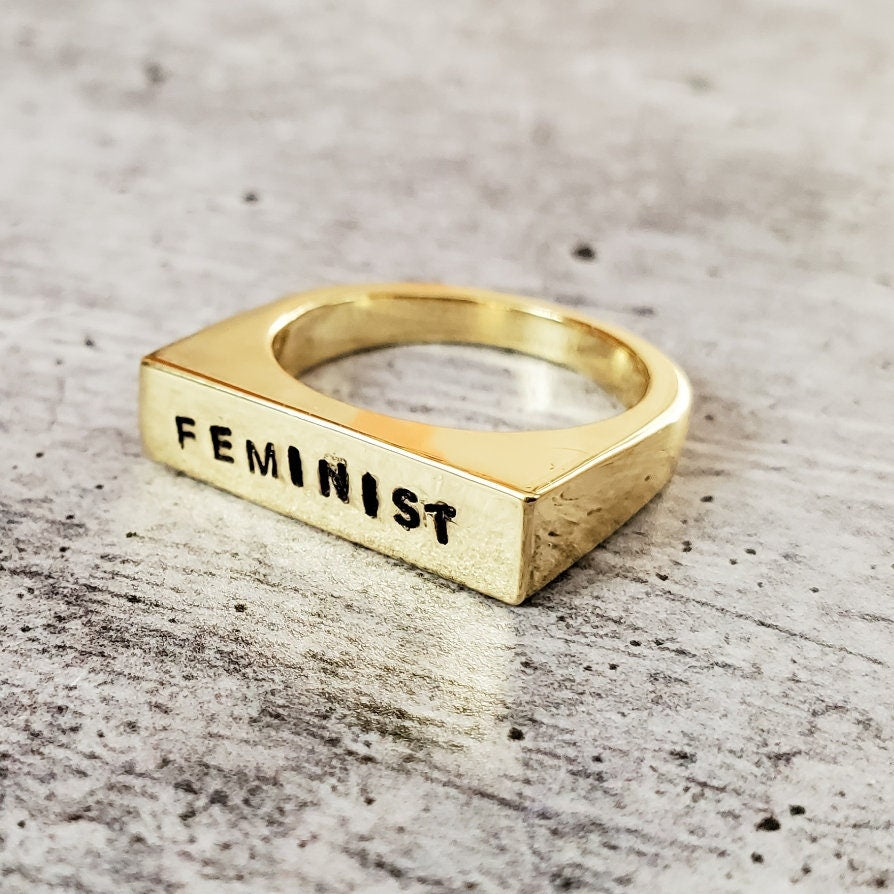 Feminist Flat Top Band Ring: Gold Plated or Sterling Silver Flat Top Band