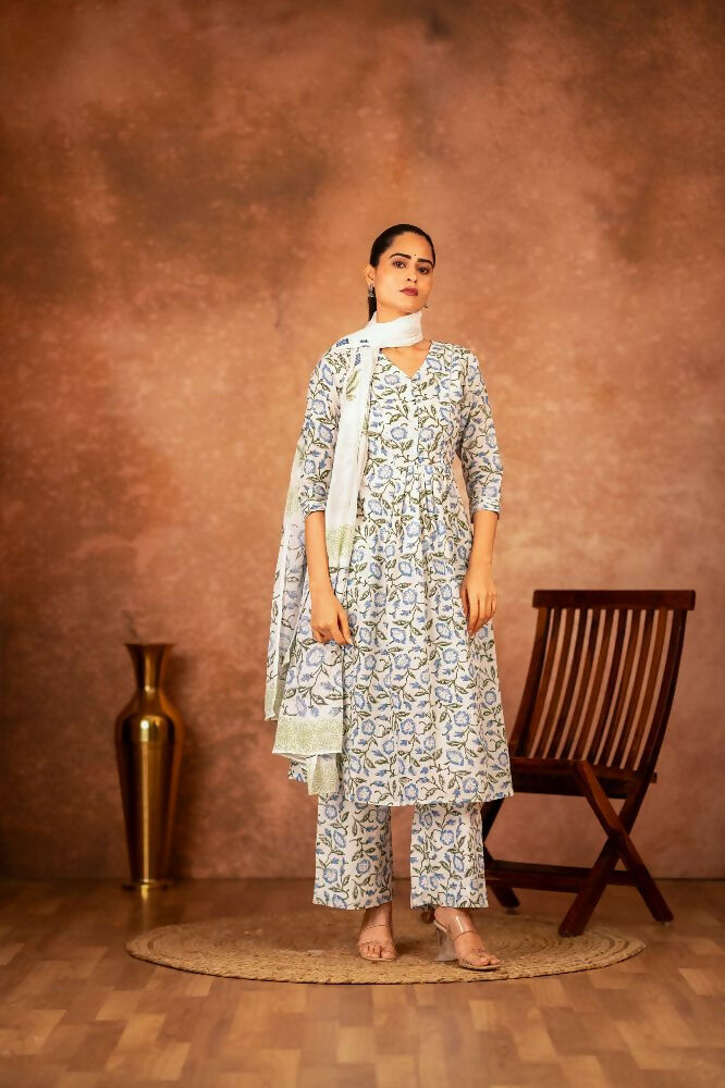 Blue Hand Block Printed Cotton Suit Set