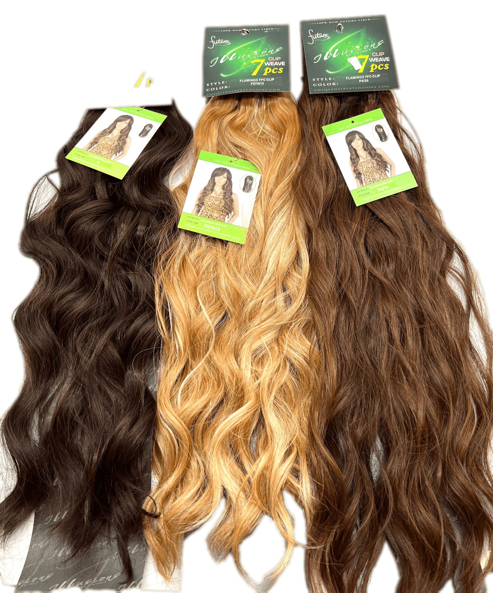 Set of 7 Flamingo clip-on hair extensions in dark-brown and blonde-mix shades