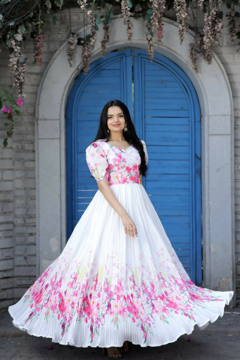 Jyoti Fashion Women's White Floral Digital Printed Chinon Anarkali Dress