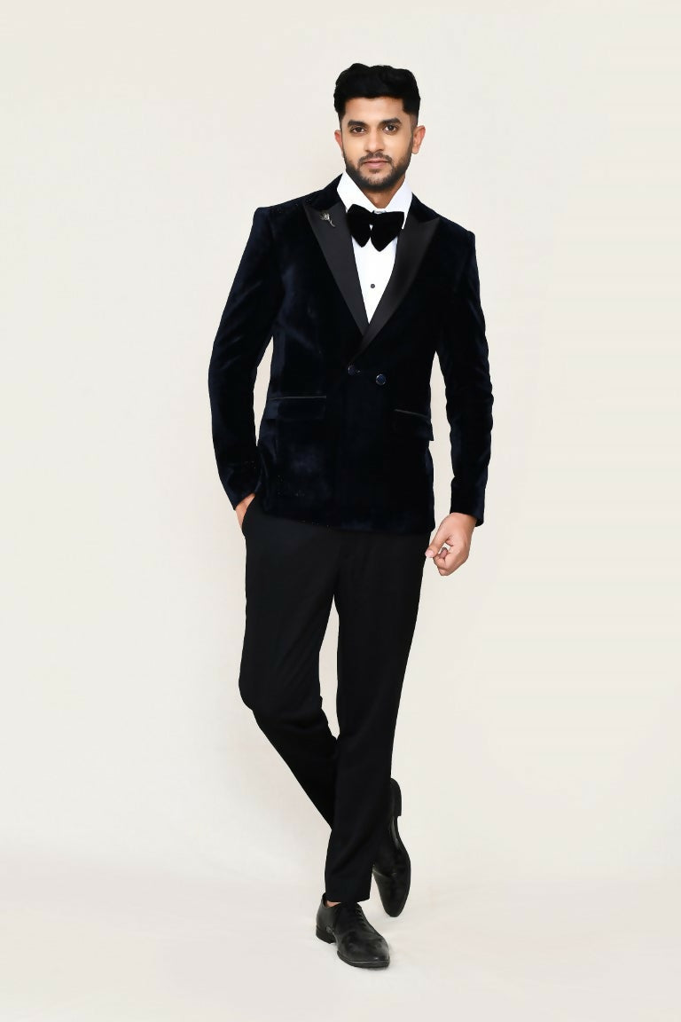 Men's black 3-piece suit featuring coat, shirt, and trousers in imported polyester