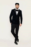 Men's black 3-piece suit featuring coat, shirt, and trousers in imported polyester