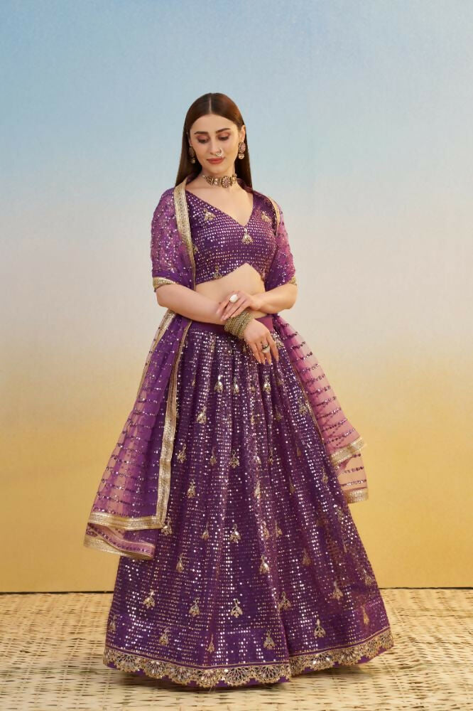 Dark Purple Butterfly Net Lehenga with Mirror & Sequence Embroidery