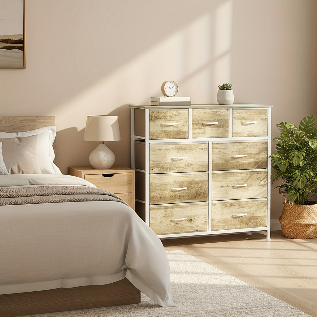 Modern 9-drawer fabric storage dresser with metal frame in grey, black, and white