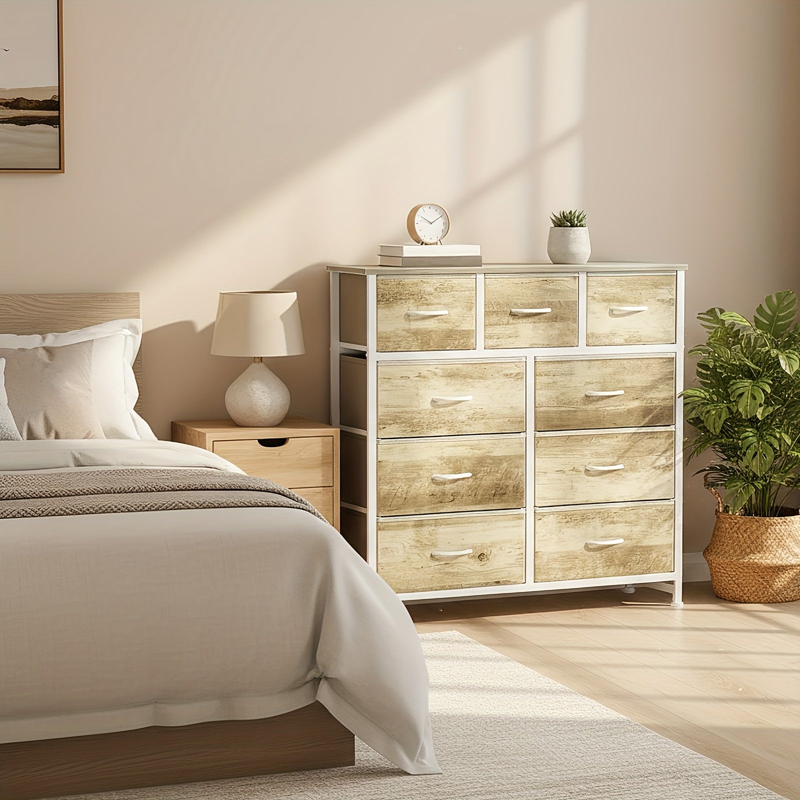 Modern 9-drawer fabric storage dresser with metal frame in grey, black, and white